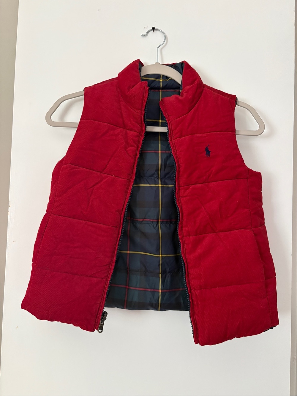 Ralph Lauren Red Puffer Vest with Navy Plaid Lining